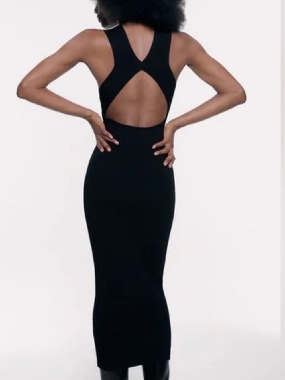 Zara Black Ribbed Open Back Bodycon Sleeveless Knit Dress Sz. M Midi Stretch